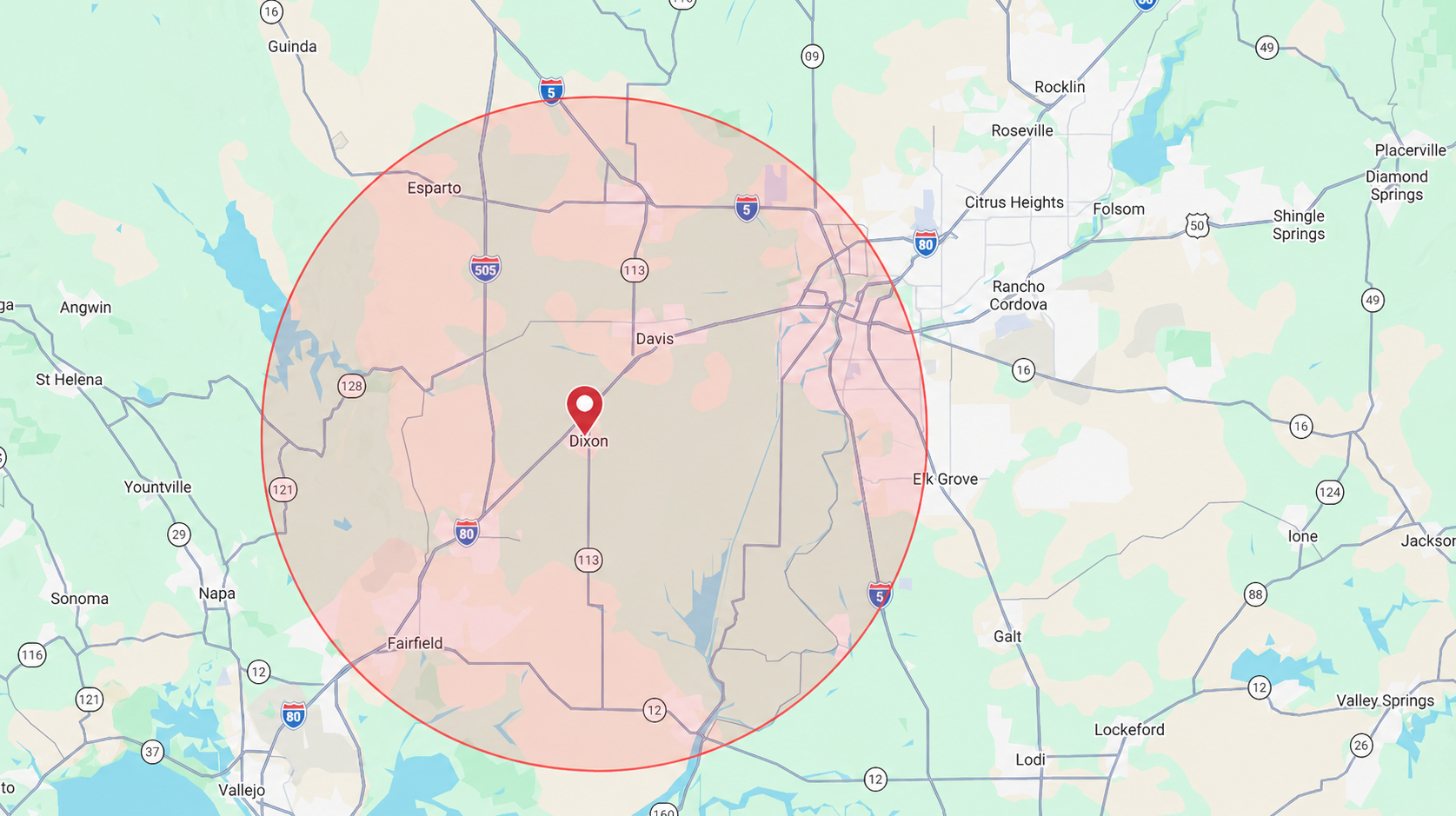 Map showing a highlighted 25-mile service radius around Dixon, California with a pin on Dixon